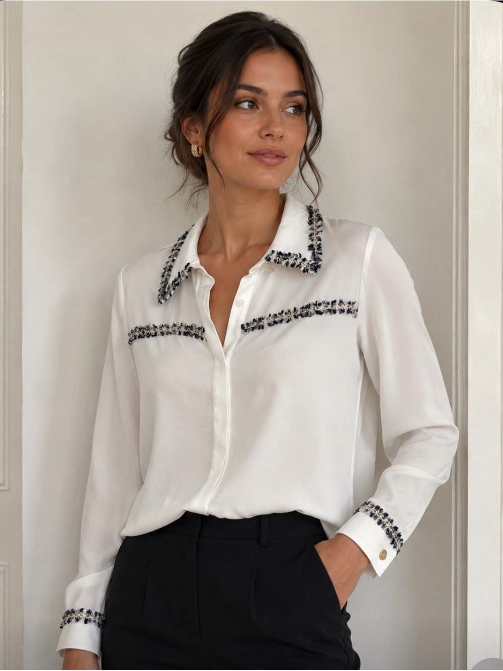 Zara White Button-Front Blouse with Black & Silver Trim